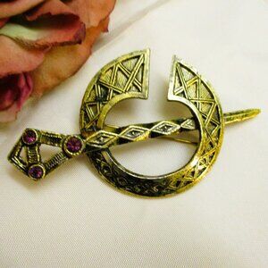 Vintage CELTIC Penannular Brooch: Gold Plate Rhinestone Fibula Brooch Jewelry